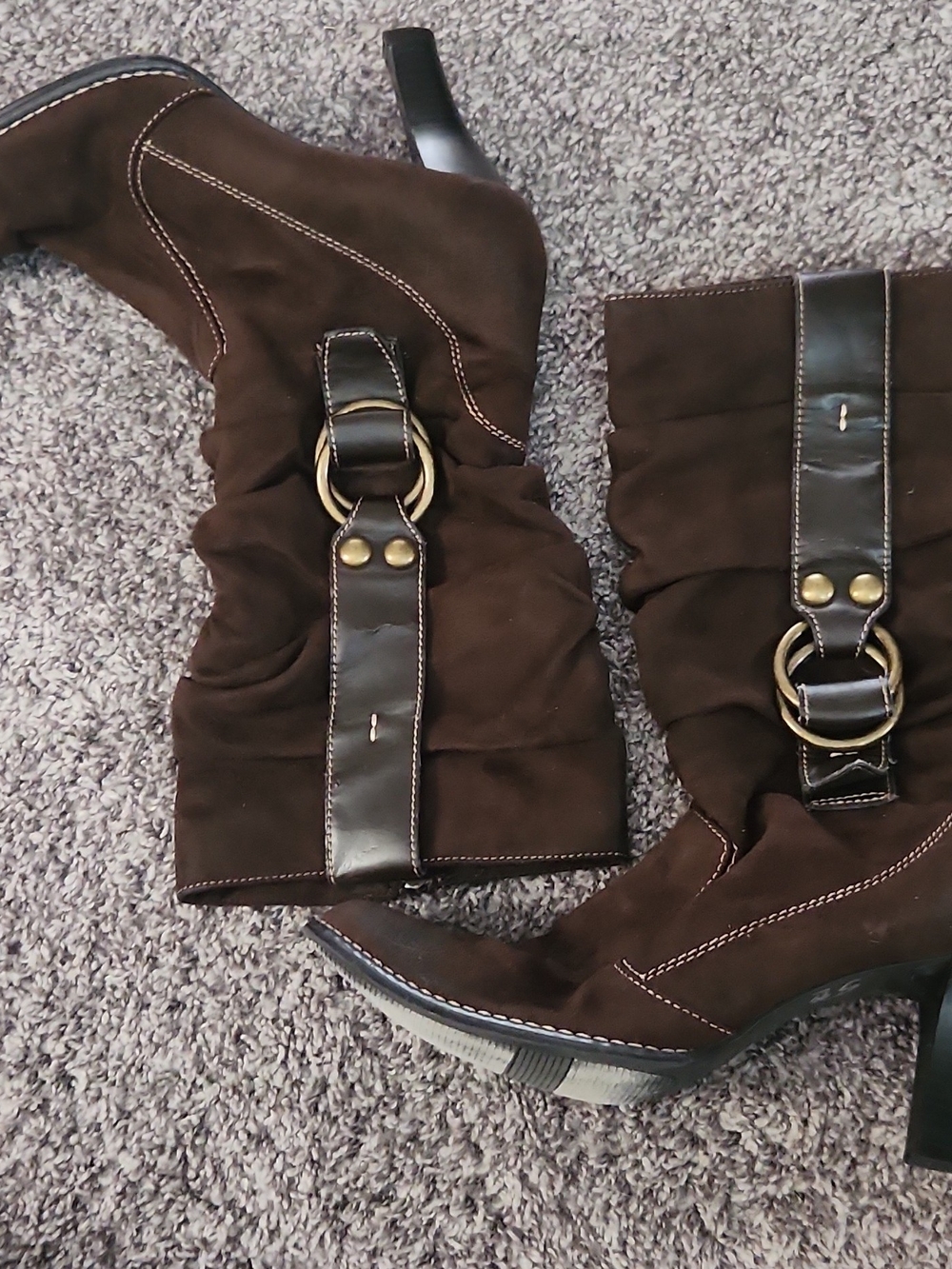 Predictions Brown Suede Mid-Calf Heeled Boots with Buckle Accent